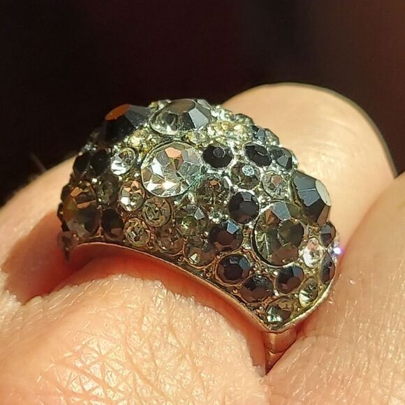 Vintage Black, Grey, White/Clear Rhinestone Statement Ring - Adjustable Band - Picture 2 of 12